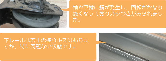 下レールに若干の擦りキズが確認できました。 今後、レールの歪みが懸念されます。 